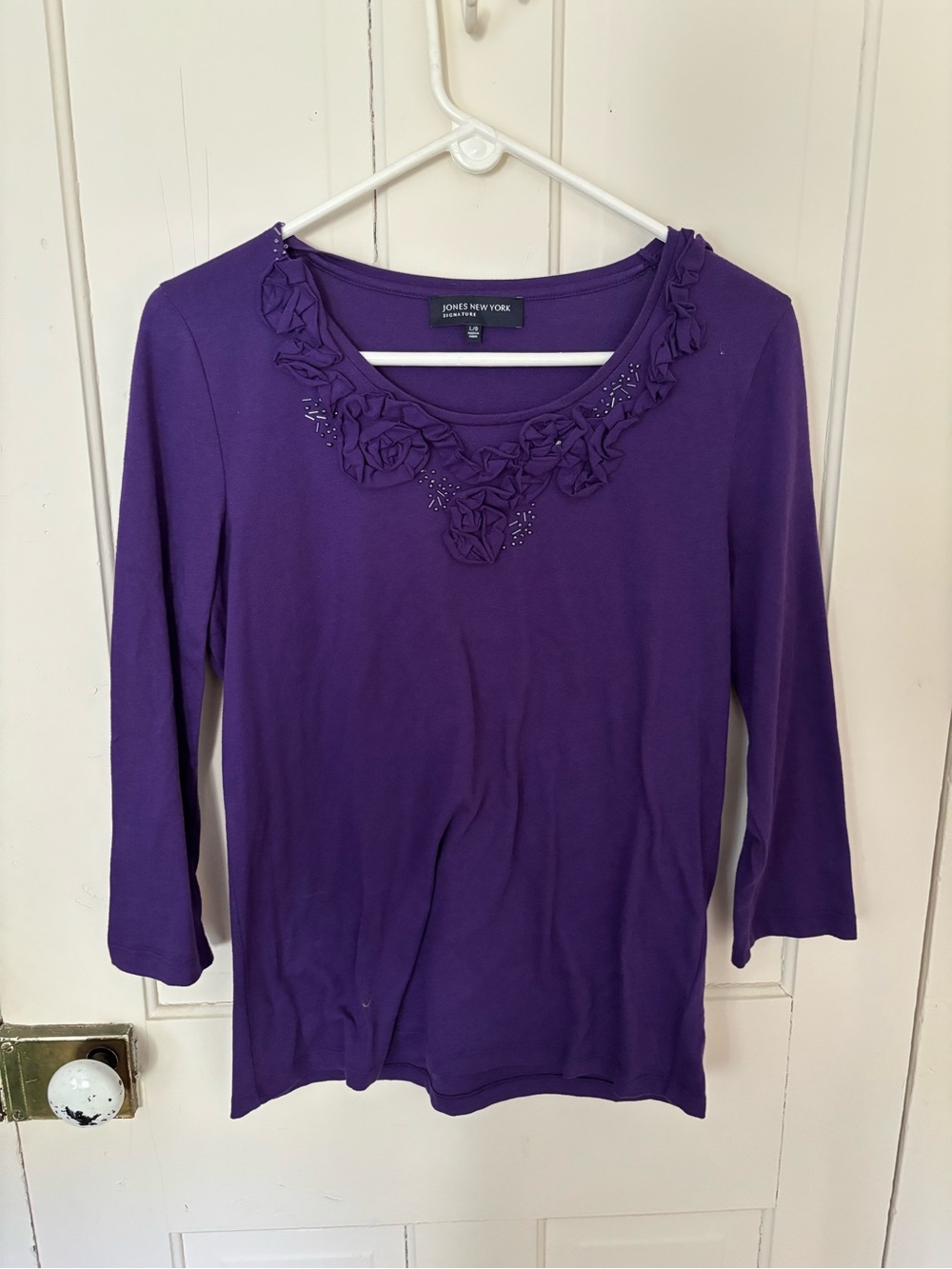 Jones New York Purple Floral-Trim Scoop Neck Long Sleeve Top